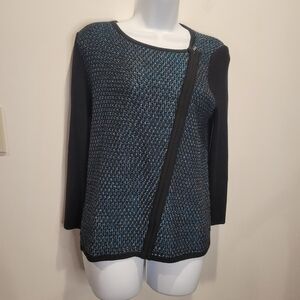 St john size 8 blue/black wool blend asymmetrical zip knit cardigan